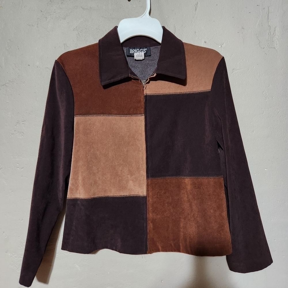 BRIGGS PETITE WOMEN'S 6 P Brown Tan Patchwork Blazer Zip Jacket